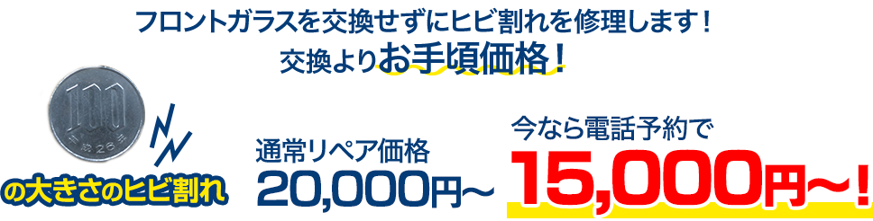 フロントガラスを交換せずにヒビ割れを修理します！交換よりお手頃価格！ 100円玉の大きさのヒビ割れ 通常リペア価格20,000円～のところを、今ならWeb予約で10,000円～！